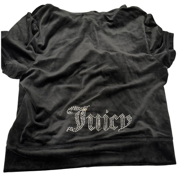 Juicy Couture Tops - Juicy Couture Liquorice Black Velour Short Sleeve Rhinestone Logo Hoodie L NEW